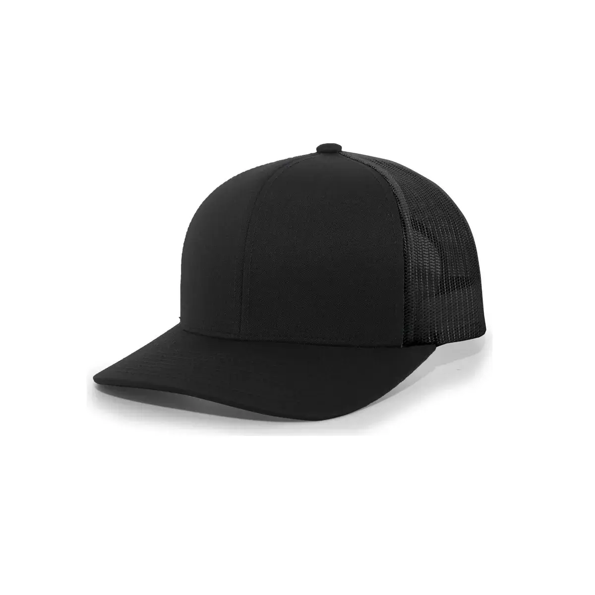 Pacific Headwear 104C Trucker in Black, photographed front-on against a paper ground.