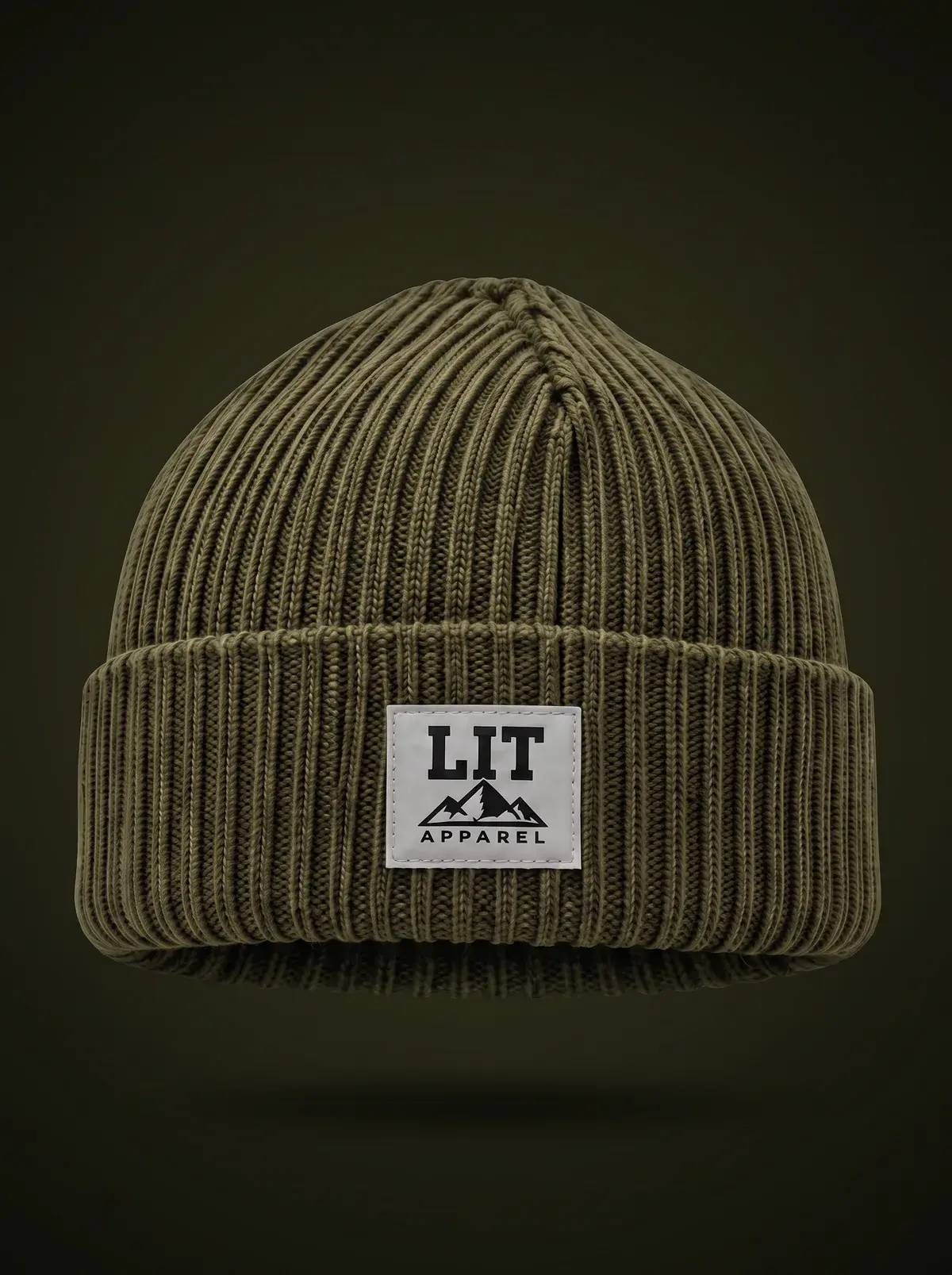 Ribbed Cuffed Beanie — Olive in Summit Olive, photographed front-on against a paper ground.