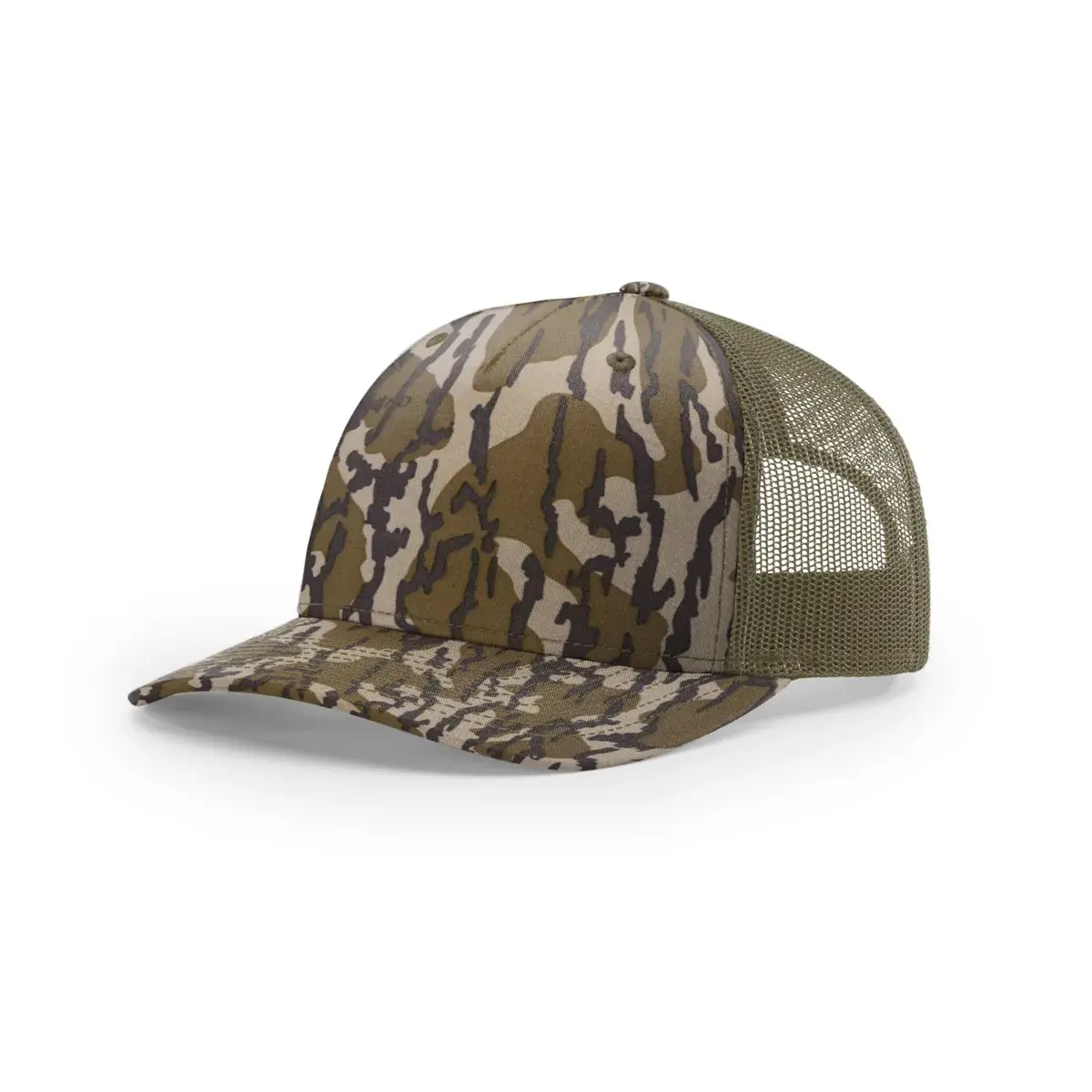 Richardson 112PFP Printed Trucker in Mossy Oak Bottomland/Loden, photographed front-on against a paper ground.