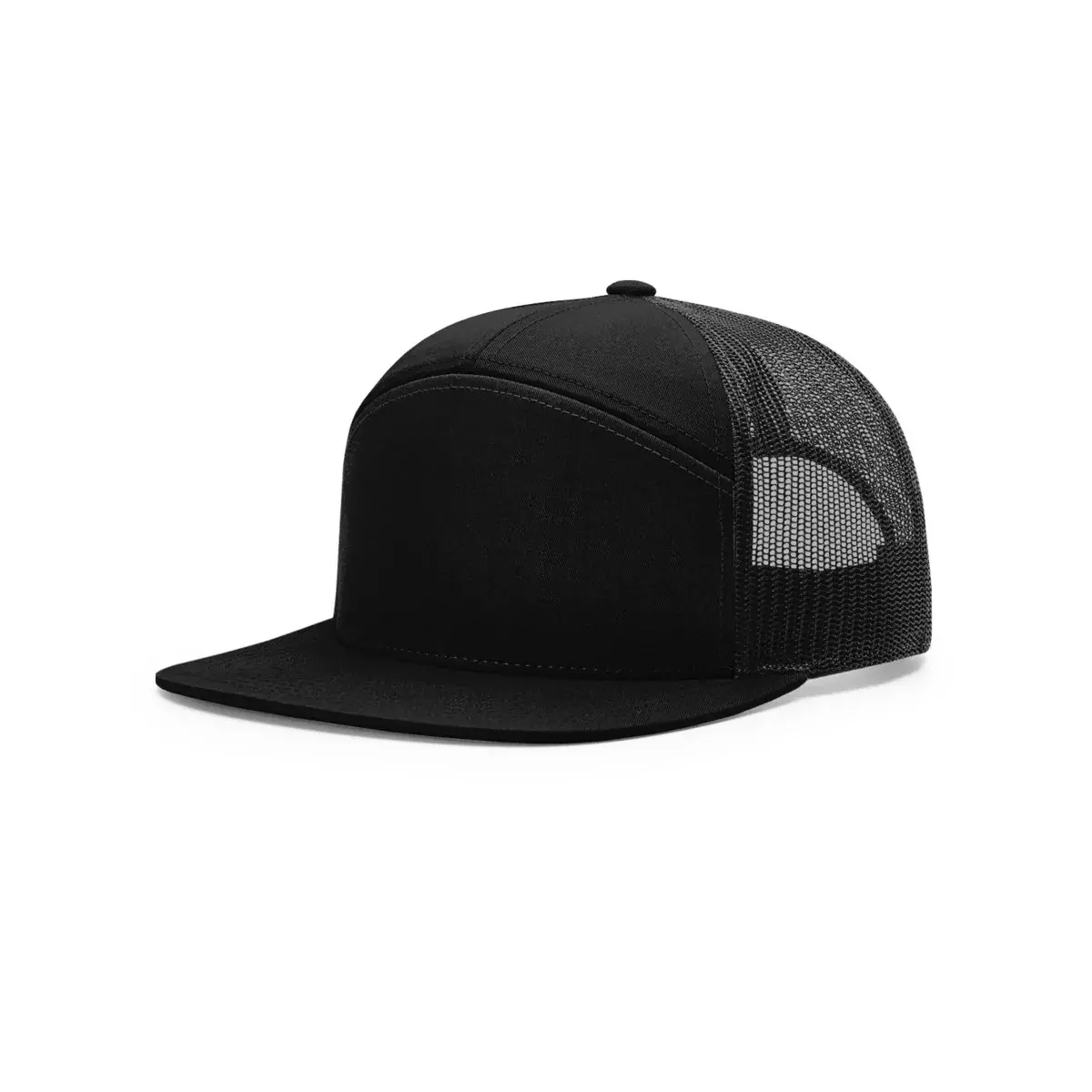 Richardson 168 Flat Bill in Black, photographed front-on against a paper ground.