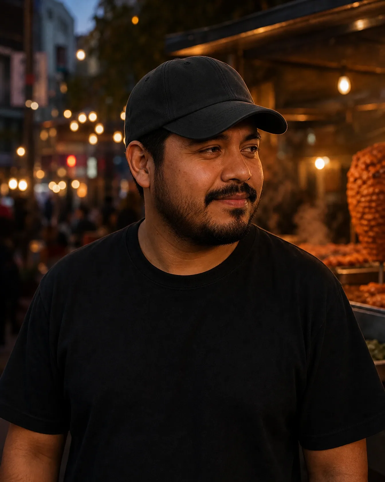 The black six-panel cap, worn at a street-food market at dusk.