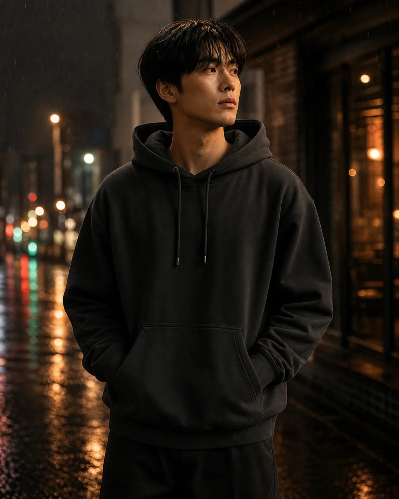 The black hoodie, worn on a rain-slicked city street at night.