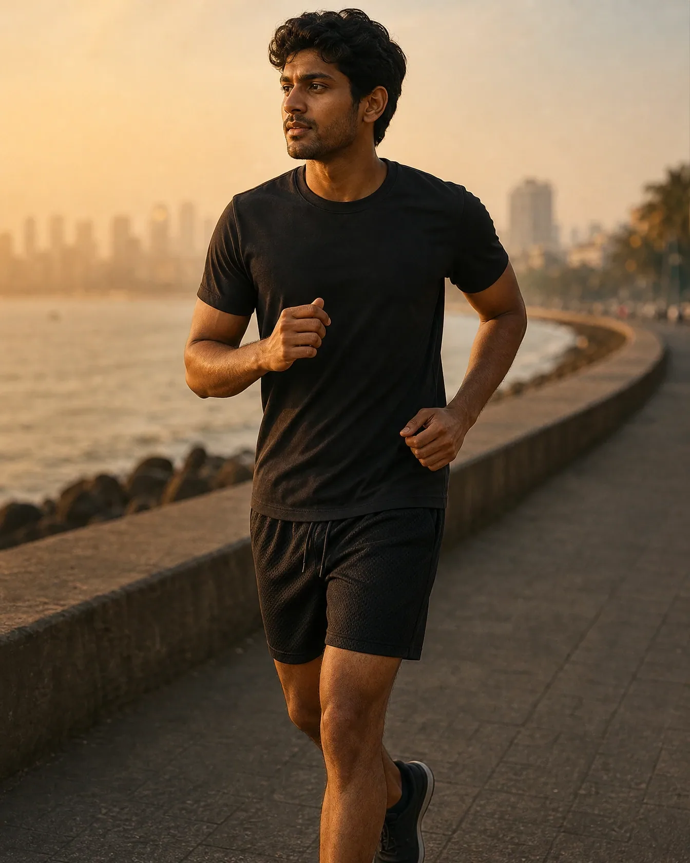 The black mesh shorts, mid-run on a seafront promenade at dawn.