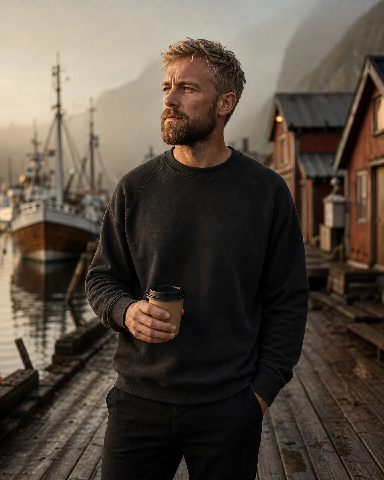 The black crew sweatshirt, worn with a coffee on a misty harbour boardwalk.