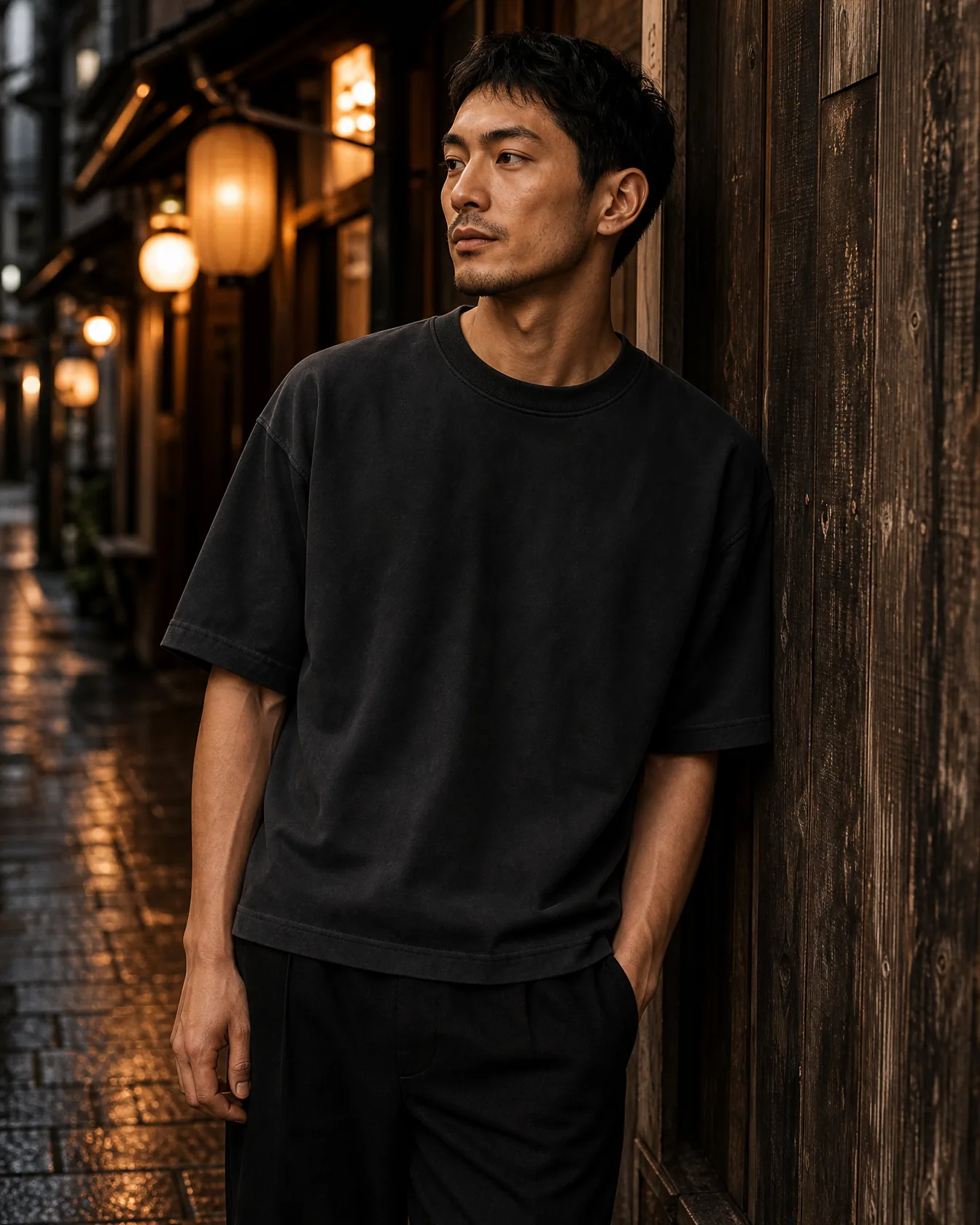 The black boxy T-shirt, worn in a lantern-lit backstreet at dusk.