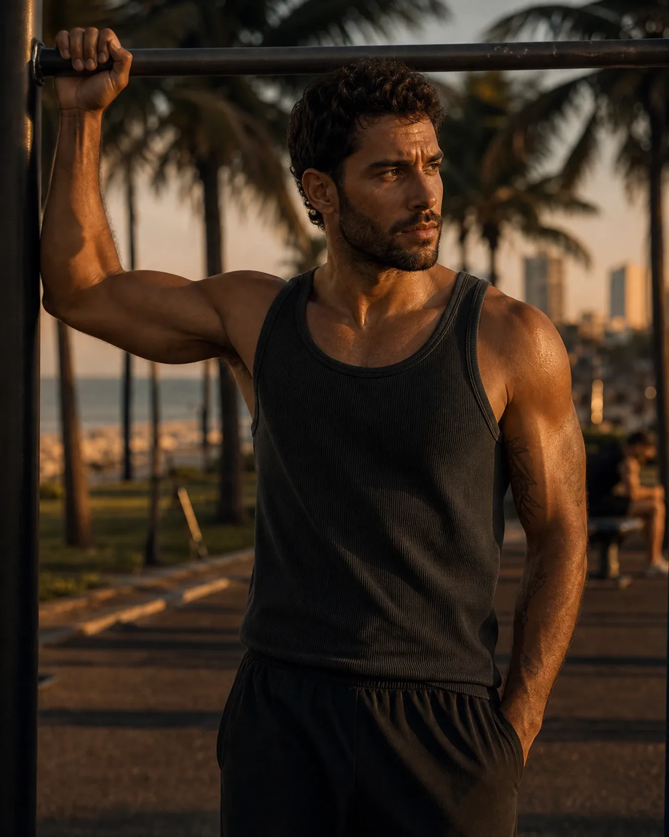 The black rib tank, worn at a beachfront workout park at golden hour.