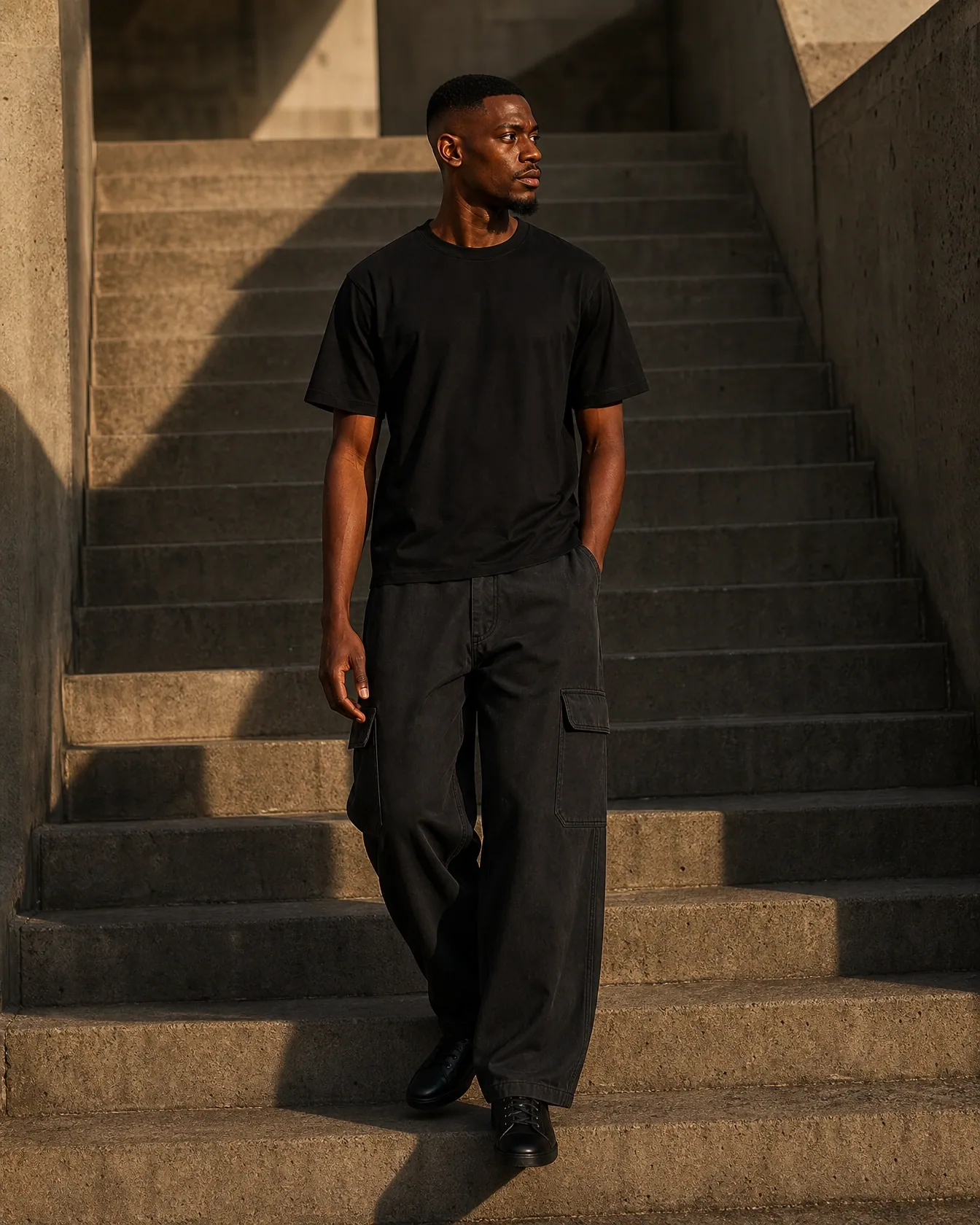 The black cargo trousers, worn on a concrete stairway in late sun.
